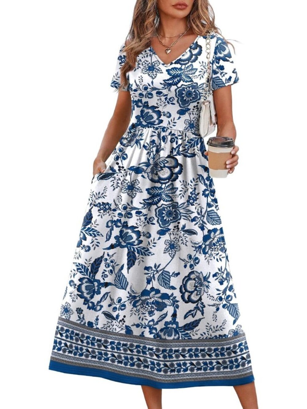 Flowy A-Line Midi Dress for Women | Casual Beach Vacation Sundress with Pockets